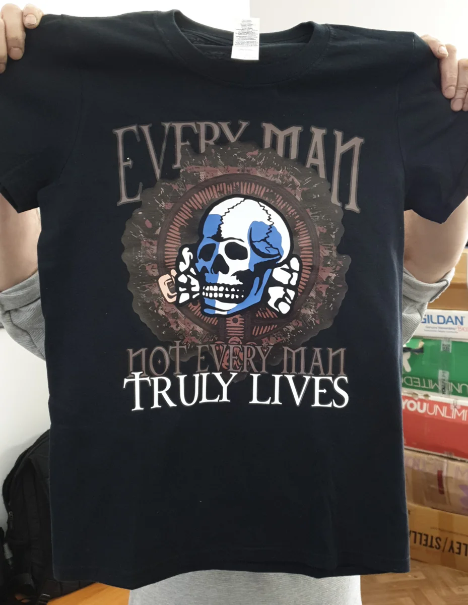 Serigrafie tricou negru design grafic complex skull — DTF imprimare digitală